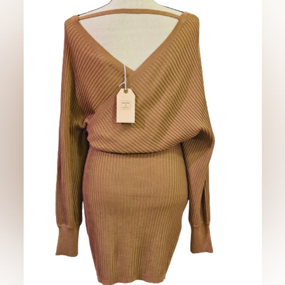 Love Tree Tan Ribbed Front Cross Long Sleeve Lightweight Sweater Dress,Large,NWT - Picture 8 of 16